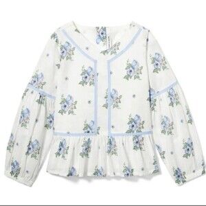 JANIE AND JACK Girls Peplum Top White Navy Floral Puff Sleeves Ruffles Size 7